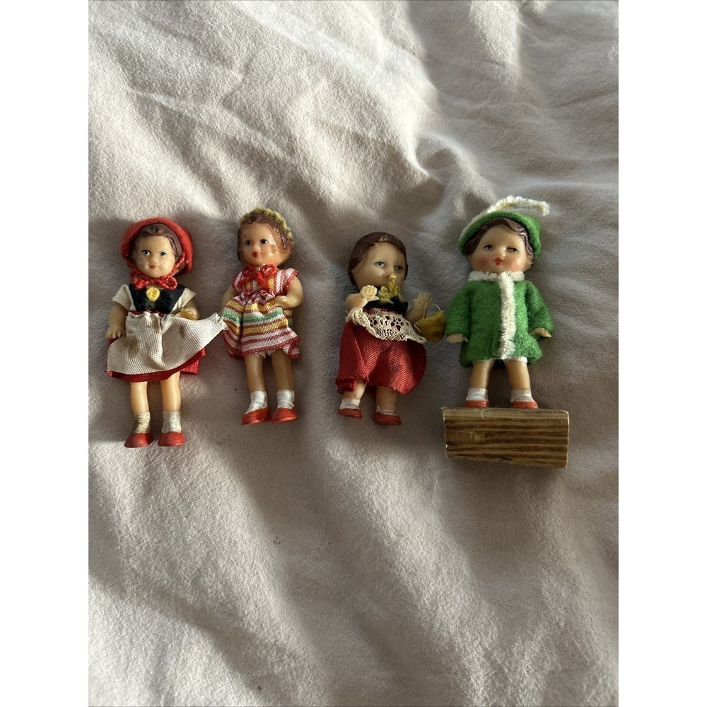 Vintage 1980 Miniature German 3" Rubber 4 Dolls With Ethnic Clothes